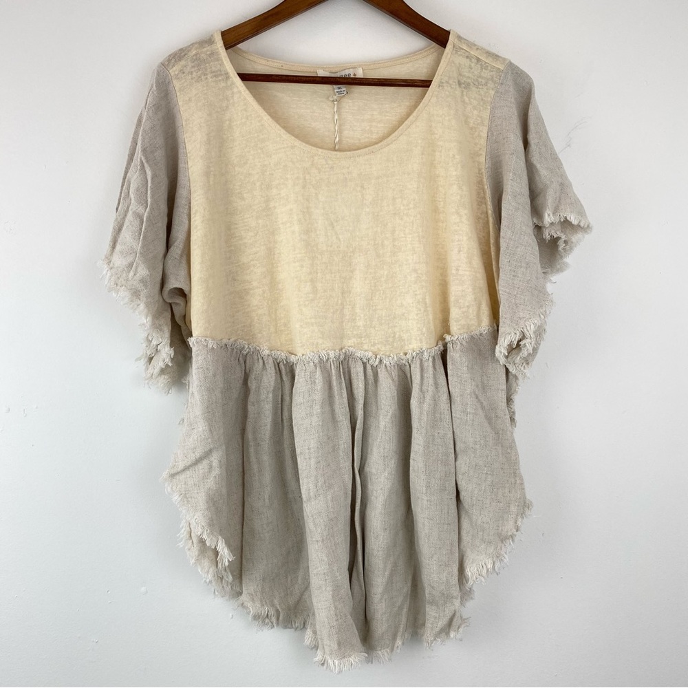Umgee + size 1XL Women’s Oatmeal Linen Blend Frayed Hem Short Sleeve Top